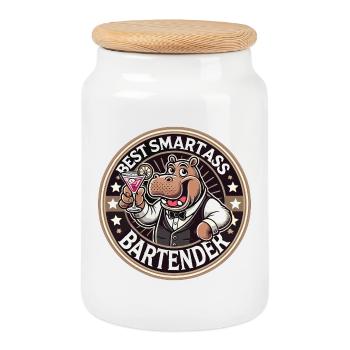 Bartender Barman Hippopotamus Hippopotamus Gift - Cookie Jar with Wooden Lid - white - Front