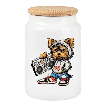 Ein cooler Yorkie Yorkshire Terrier mit einem 90er - Keksdose mit Holzdeckel - Weiß - Vorne