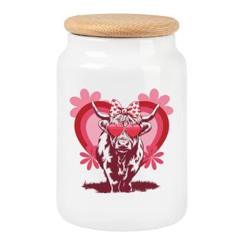 Highland Cow in Love – Cute Valentine's Day Design - Cookie Jar with Wooden Lid - white - Front
