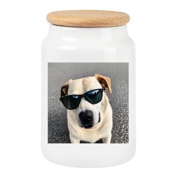 Chien avec des lunettes de soleil - Boîte à biscuits avec couvercle en bois - blanc - Devant