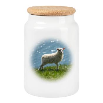Young Iceland sheep on meadow - Cookie Jar with Wooden Lid - white - Front