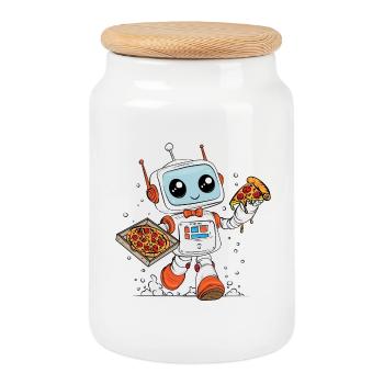 Robot Multitâche Livrant la Pizza Rapidement - Boîte à biscuits avec couvercle en bois - blanc - Devant