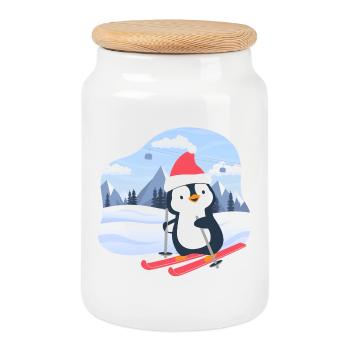 Kleiner Pinguin fährt Ski - Keksdose mit Holzdeckel - Weiß - Vorne
