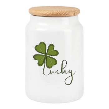Lucky Four Leaf Clover - Cookie Jar with Wooden Lid - white - Front
