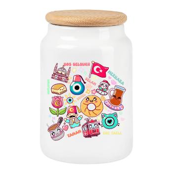 Turquie Kawaii -Design Mignon et Culturel - Boîte à biscuits avec couvercle en bois - blanc - Devant