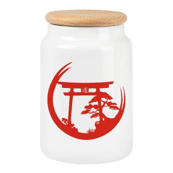 Red Japanese vibe - Cookie Jar with Wooden Lid - white - Front