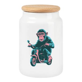 Singe cool sur un scooter rétro - Boîte à biscuits avec couvercle en bois - blanc - Devant