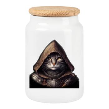 Cat Knight - Cookie Jar with Wooden Lid - white - Front