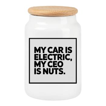 My car is electric, my ceo is muts Electric Car Fan - Cookie Jar with Wooden Lid - white - Front