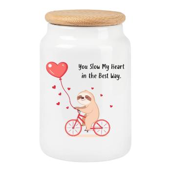 Sloth with Heart Balloon – Valentine’s Day Gift - Cookie Jar with Wooden Lid - white - Front