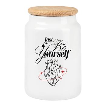 Just Be Yourself – Herz & Schriftzug - Keksdose mit Holzdeckel - Weiß - Vorne
