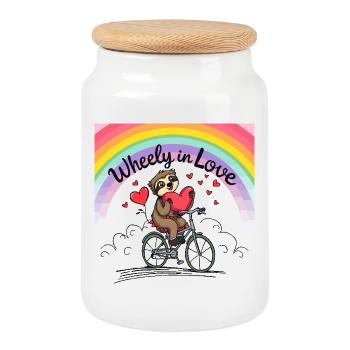 Adorable paresseux sur vélo avec cœur et arc-en-ciel - Boîte à biscuits avec couvercle en bois - blanc - Devant