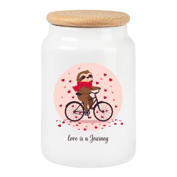 "Love Is a Journey" Faultier auf Heart Bike Hearts - Keksdose mit Holzdeckel - Weiß - Vorne