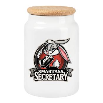 Smartass Secretary Bunny Funny Gift - Cookie Jar with Wooden Lid - white - Front