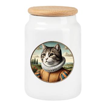 Grau getigerter Kater in einem Renaissancekostüm - Keksdose mit Holzdeckel - Weiß - Vorne
