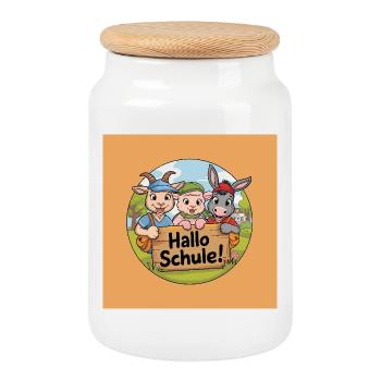 Einschulung Hallo Schule mit lustigen Tieren - Keksdose mit Holzdeckel - Weiß - Vorne