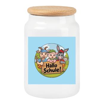 Einschulung Hallo Schule mit lustigen Tieren - Keksdose mit Holzdeckel - Weiß - Vorne