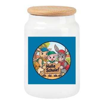 Einschulung Hallo Schule mit lustigen Tieren - Keksdose mit Holzdeckel - Weiß - Vorne