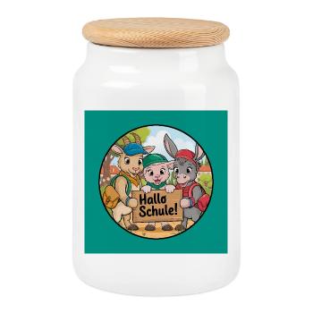Einschulung Hallo Schule mit lustigen Tieren - Keksdose mit Holzdeckel - Weiß - Vorne