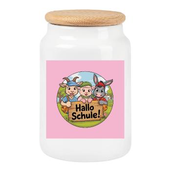 Einschulung Hallo Schule mit lustigen Tieren - Keksdose mit Holzdeckel - Weiß - Vorne