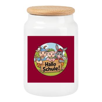Einschulung Hallo Schule mit lustigen Tieren - Keksdose mit Holzdeckel - Weiß - Vorne
