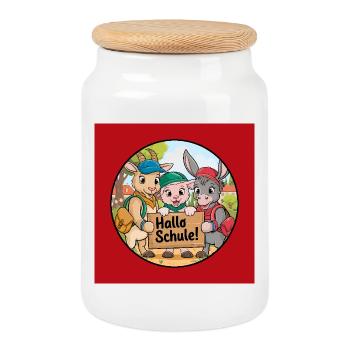 Einschulung Hallo Schule mit lustigen Tieren - Keksdose mit Holzdeckel - Weiß - Vorne