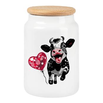 Calf with Heart Balloon - Funny Cow Design - Cookie Jar with Wooden Lid - white - Front