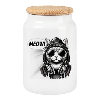 Meow Groove Katze Hoodie - Keksdose mit Holzdeckel - Weiß - Vorne