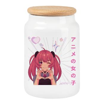 female anime making heart on valentine - Cookie Jar with Wooden Lid - white - Front