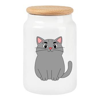 Chat gris - Boîte à biscuits avec couvercle en bois - blanc - Devant
