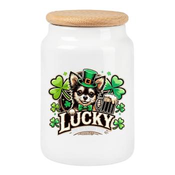 St. Patrick’s Day Leprechaun Chihuahua Glücklich - Keksdose mit Holzdeckel - Weiß - Vorne