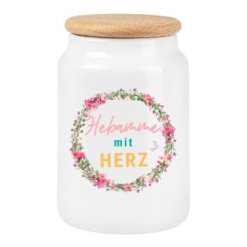 Hebamme mit Herz - personalisierbares Design - Keksdose mit Holzdeckel - Weiß - Vorne