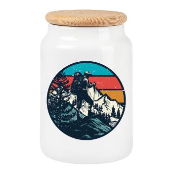 Hikers at Sunset Ridge - Cookie Jar with Wooden Lid - white - Front