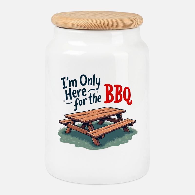 Only Here for the BBQ - Cookie Jar with Wooden Lid - white