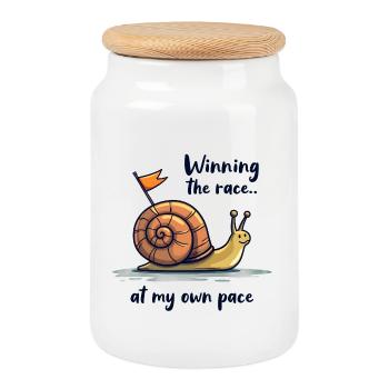 Snail with flag "Winning the race" - Cookie Jar with Wooden Lid - white - Front