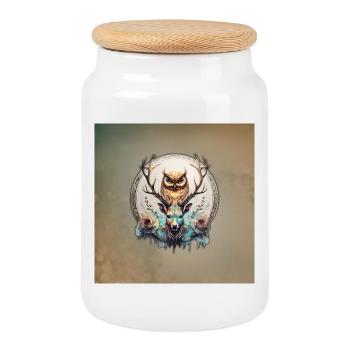 Owl and deer, a mystical alliance. - Cookie Jar with Wooden Lid - white - Front