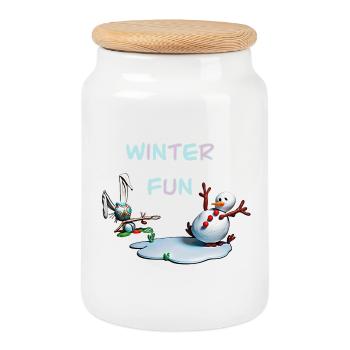 Divertissements d’hiver : Lapin et bonhomme de neige - Boîte à biscuits avec couvercle en bois - blanc - Devant
