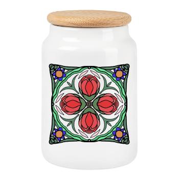 Art Déco Blüten Mandala - Keksdose mit Holzdeckel - Weiß - Vorne