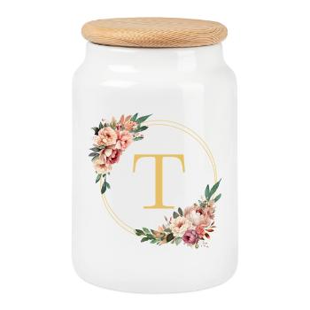 T Monogramm, Blumen-Kranz, personalisierbar - Keksdose mit Holzdeckel - Weiß - Vorne