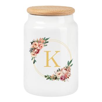 K Monogram, Couronne de fleurs, Personnalisable - Boîte à biscuits avec couvercle en bois - blanc - Devant
