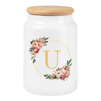 U Monogram, Couronne de fleurs, Personnalisable - Boîte à biscuits avec couvercle en bois - blanc - Devant