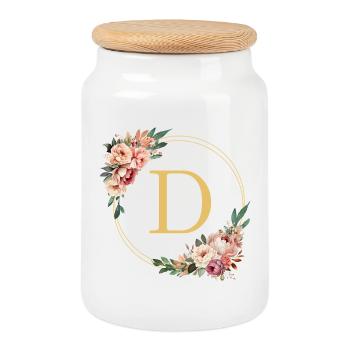 D Monogram, Couronne de fleurs, Personnalisable - Boîte à biscuits avec couvercle en bois - blanc - Devant