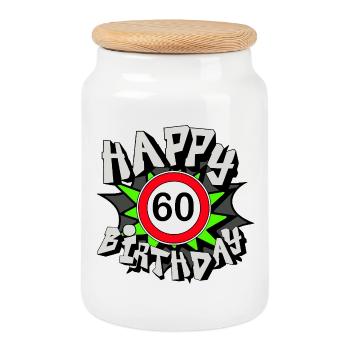 60th Birthday , 60 Happy Birthday (25) - Cookie Jar with Wooden Lid - white - Front