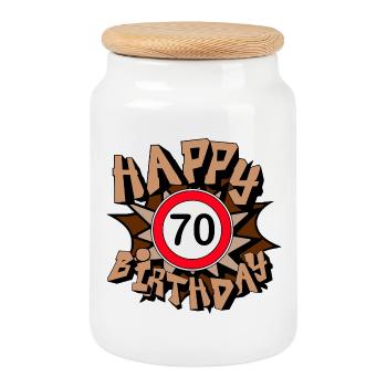 70e anniversaire , Cadeau joyeux 70e anniversaire (25) - Boîte à biscuits avec couvercle en bois - blanc - Devant