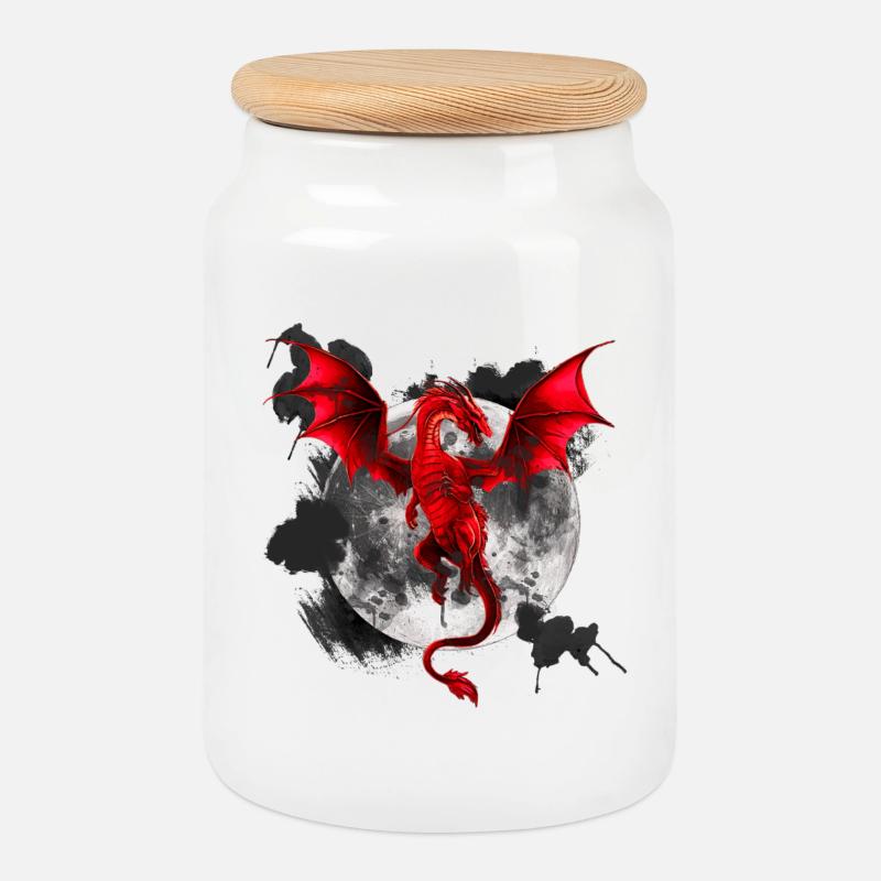 Farbflecken, Drachen Motiv, Monde - Keksdose mit Holzdeckel - Weiß