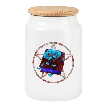 Pentagramme, Bücher designs, Rosenblüten, fleckig - Keksdose mit Holzdeckel - Weiß - Vorne