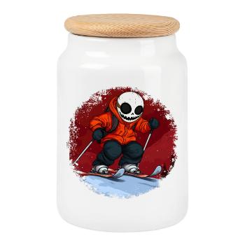 Crâne de skieurs - Boîte à biscuits avec couvercle en bois - blanc - Devant