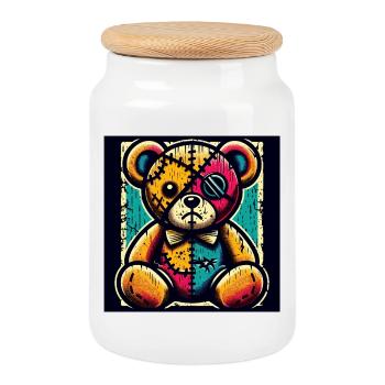 Patchwork bear art with vintage charm - Cookie Jar with Wooden Lid - white - Front