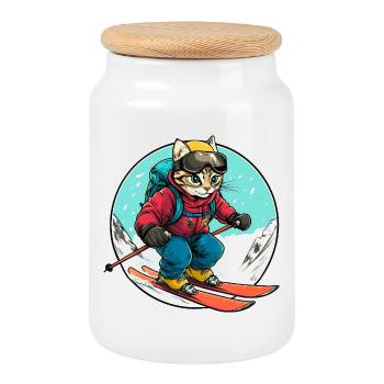 Katzen Ski / Skifahrer Katze - Keksdose mit Holzdeckel - Weiß - Vorne
