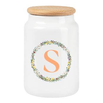 S monogramme, Couronne de fleurs, Personnalisable - Boîte à biscuits avec couvercle en bois - blanc - Devant